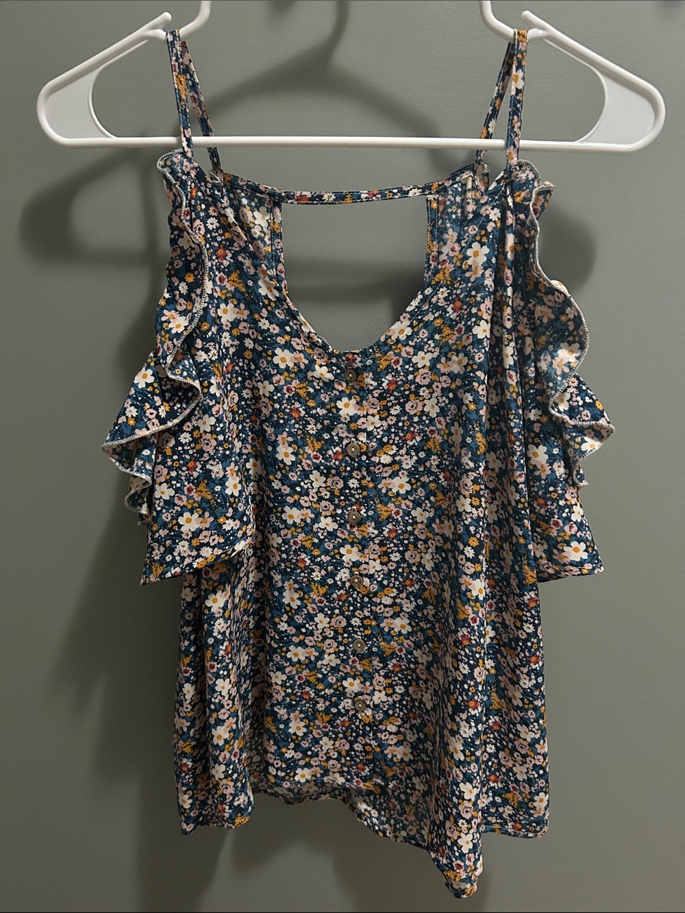 Daytrip Navy Floral Cold-Shoulder Ruffle Tank